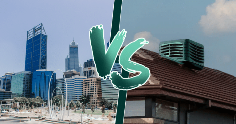 Side-by-side photos of the Perth foreshore/skyline and a rooftop evaporative air conditioner, with the letters vs. overlayed between them, stylised to look like a competitive fighting matchup screen.