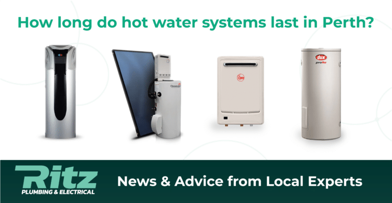 hot water systems lined up with the caption "how long do hot water systems last in Perth?"